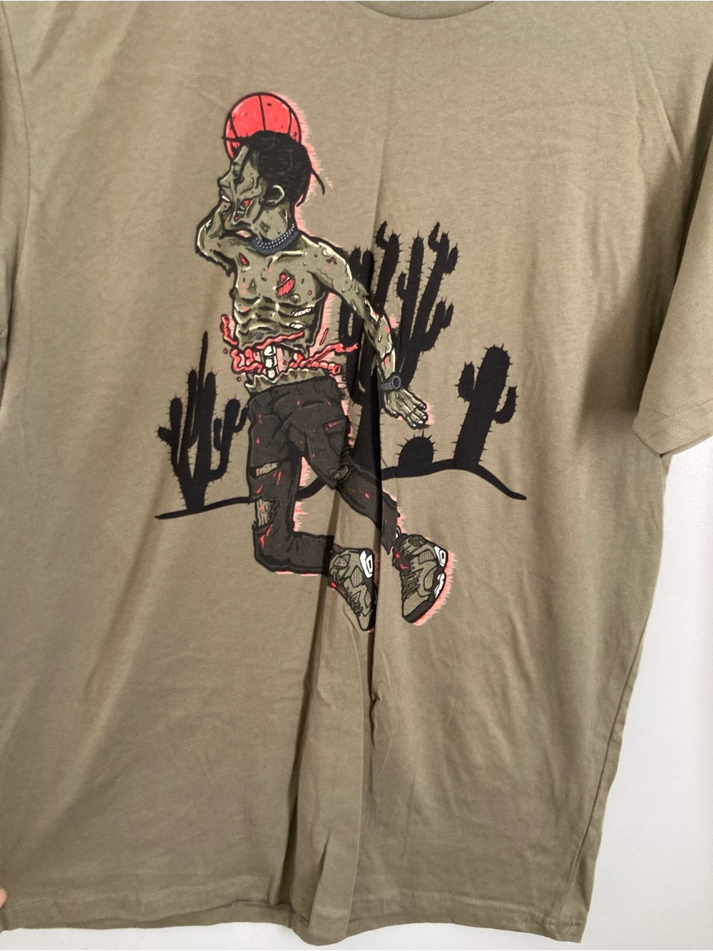 Travis Scott Olive Graphic Tee with Neon Red Accents